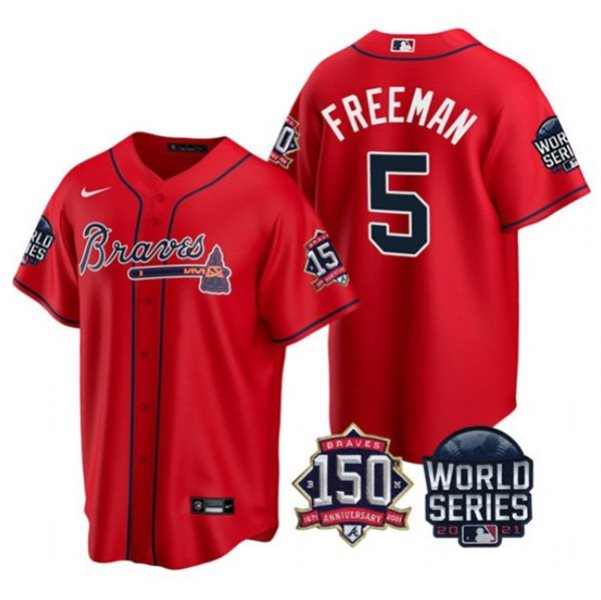 MLB Braves 5 Freddie Freeman Red 2021 World Series With 150th Anniversary Patch Cool Base Men Jersey