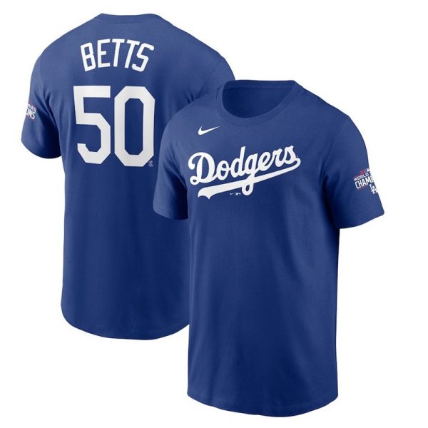 MLB Dodgers 50 Mookie Betts Royal 2020 World Series Champions T-Shirt