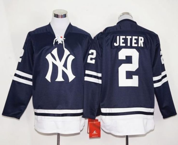 MLB Yankees 2 Derek Jeter Navy Blue Long Sleeve Men Jersey