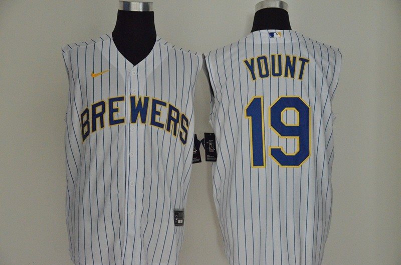 MLB Brewers 19 Robin Yount White Gold Nike Cool Base Sleeveless Men Jersey