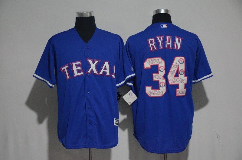 MLB Rangers 34 Nolan Ryan Blue Team Logo Print Cool Base Men Jersey