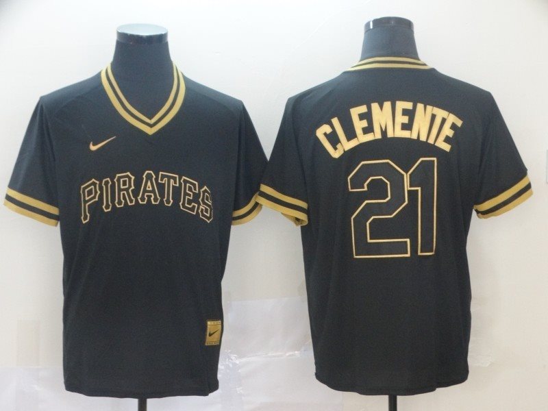 MLB Pirates 21 Roberto Clemente Black Gold Nike Cooperstown Legend V Neck Men Jersey