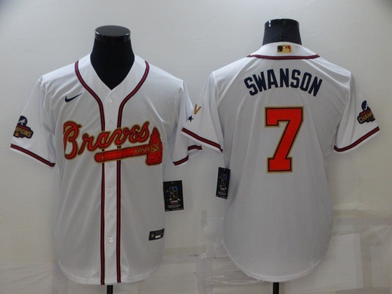 MLB Braves 7 Dansby Swanson 2022 White Gold Nike Cool Base Men Jersey