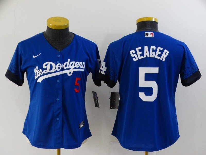 MLB Dodgers 5 Corey Seager Royal 2021 City Connect Cool Base Women Jersey