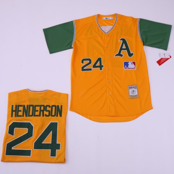 MLB Athletics 24 Rickey Henderson Yellow Retro Throwback Men Jersey