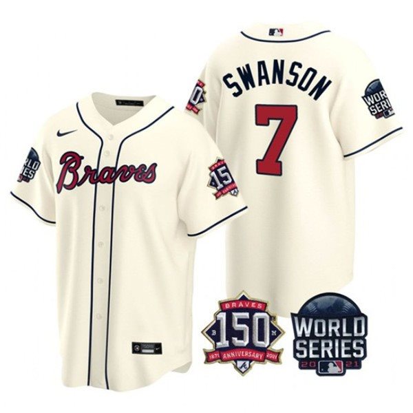 MLB Braves 7 Dansby Swanson Cream 2021 World Series With 150th Anniversary Patch Cool Base Men Jersey
