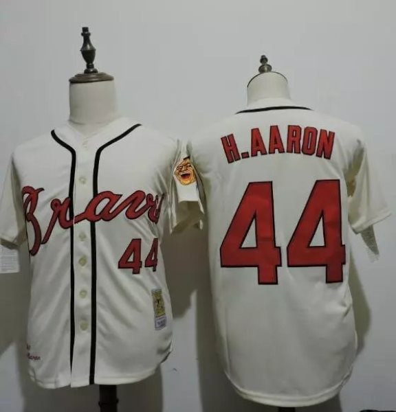 MLB Braves 44 Hank Aaron Cream 1963 Mitchell and Ness Throwback Men Jersey