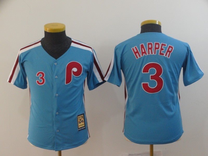 MLB Phillies 3 Bryce Harper Light Blue Cool Base Cooperstown Youth Jersey
