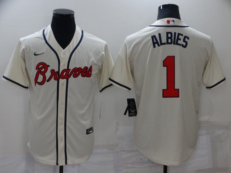 MLB Braves 1 ALBIES Cream Nike Cool Base Men Jersey