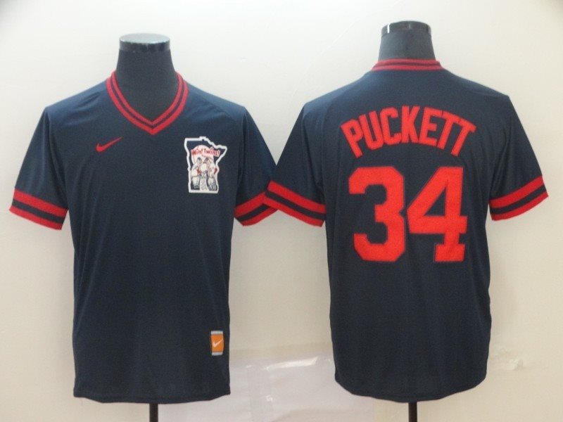MLB Twins 34 Kirby Puckett Navy Nike Cooperstown Collection Legend V-Neck Men Jersey