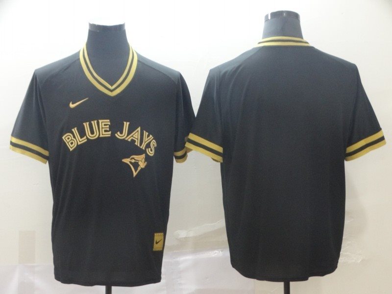 MLB Blue Jays Blank Black Gold Nike Cooperstown Legend V Neck Men Jersey
