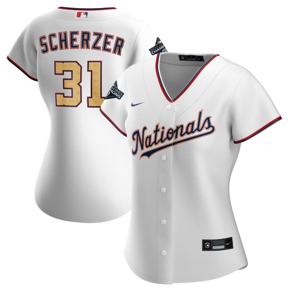 MLB Nationals 31 Max Scherzer White Gold 2020 Nike Gold Program Cool Base Women Jersey