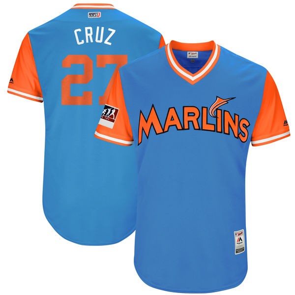 MLB Marlins 27 Giancarlo Stanton Cruz Light Blue 2018 Players' Weekend Authentic Men Jersey