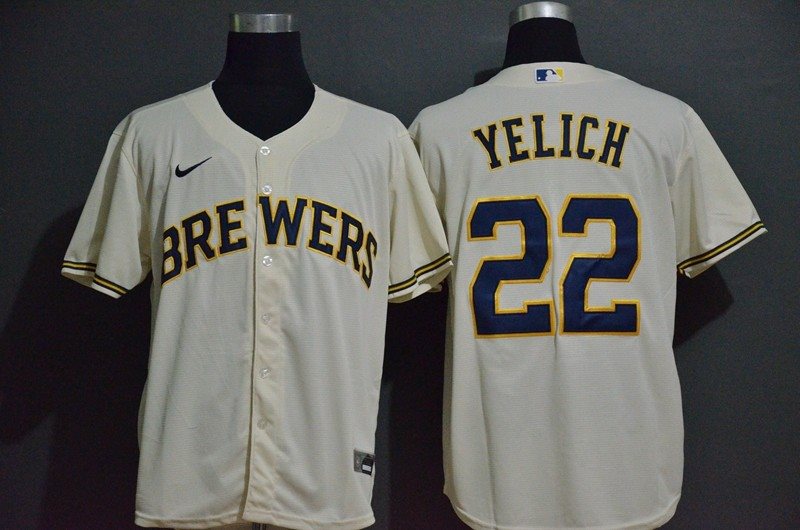 MLB Brewers 22 Christian Yelich Cream Nike 2020 Cool Base Men Jersey