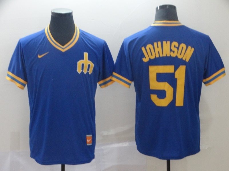 MLB Mariners 51 Randy Johnson Blue Nike Cooperstown Collection Legend V-Neck Men Jersey