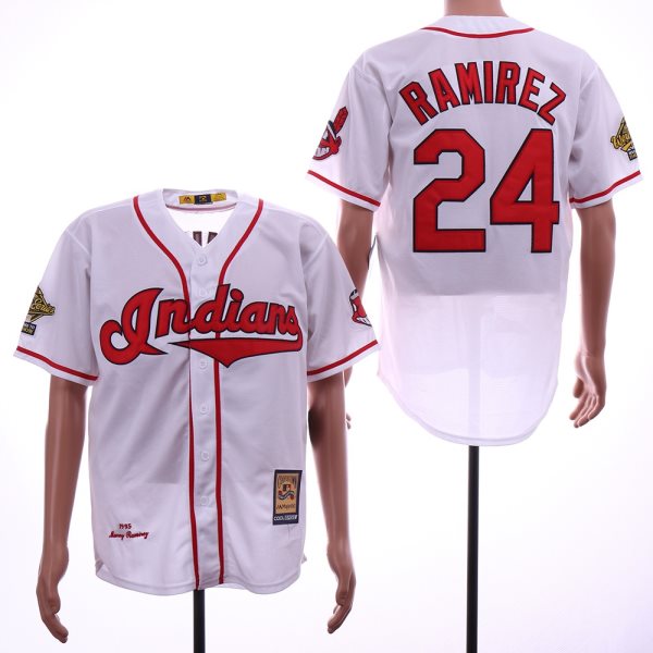 MLB Indians 24 Manny Ramirez White 1995 Cooperstown Collection Cool Base Men Jersey