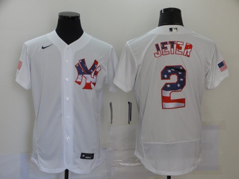 MLB Yankees 2 Derek Jeter White USA Flag Flexbase Men Jersey