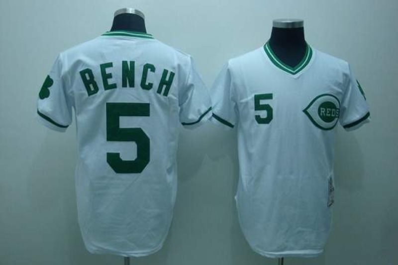 MLB Reds 5 Johnny Bench White Green Patch Mitchell and Ness Throwback Men Jersey