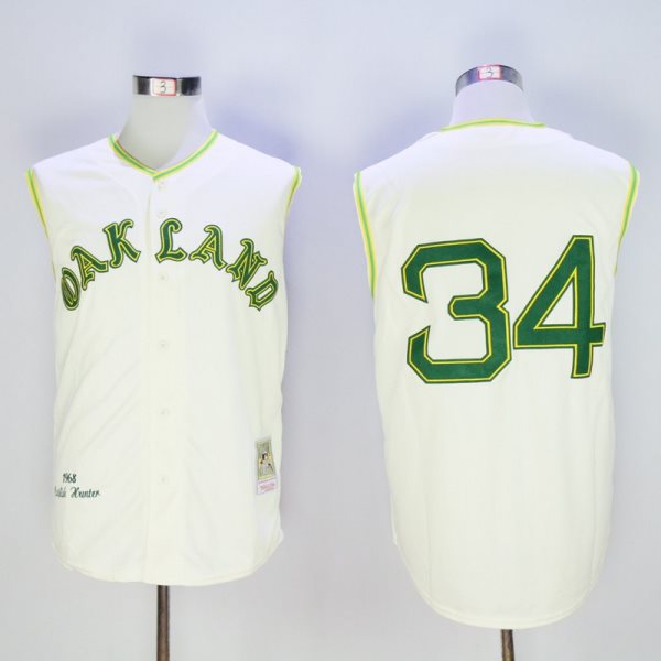 MLB Athletics 34 Rollie Fingers Cream 1968 Mitchell and Ness Throwback Men Jersey