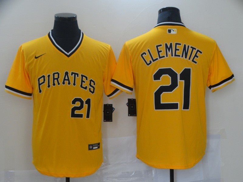 MLB Pirates 21 Roberto Clemente Yellow Nike Cool Base Men Jersey