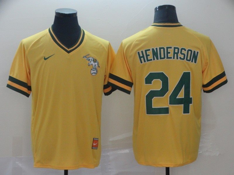 MLB Athletics 24 Rickey Henderson Yellow Nike Cooperstown Collection Legend V-Neck Men Jersey