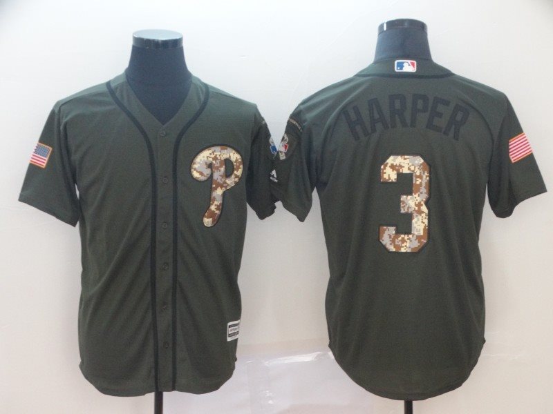 MLB Phillies 3 Bryce Harper Olive Camo Salute To Service Cool Base Men Jersey