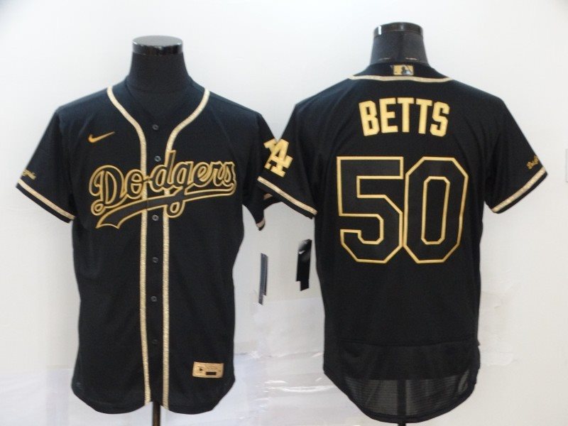 MLB Dodgers 50 Mookie Betts Black Gold 2020 Nike Flexbase Men Jersey