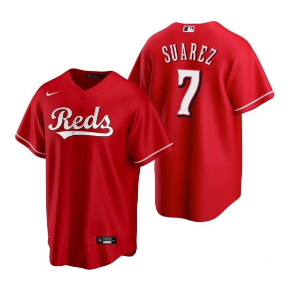 MLB Reds 7 Eugenio Suarez Scarlet Nike Cool Base Men Jersey