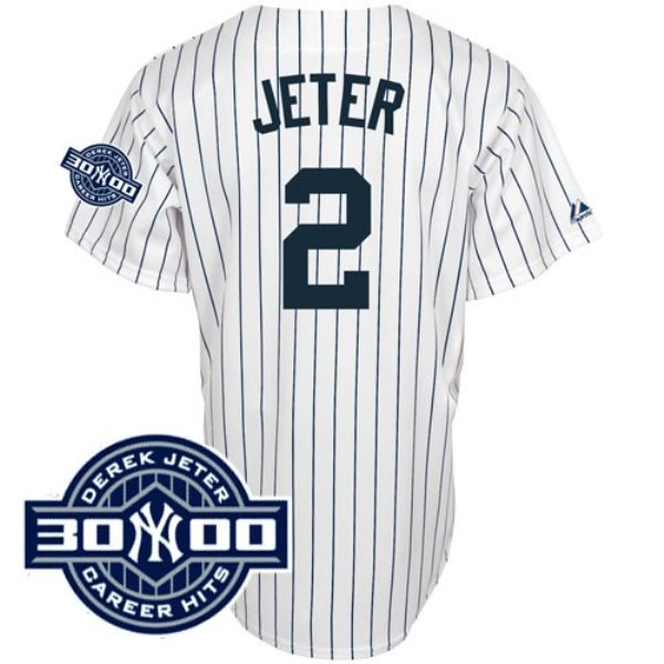 MLB Yankees 2 Derek Jeter White W/3000 Hits Patch Men Jersey