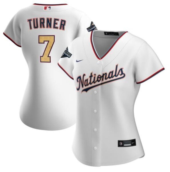 MLB Nationals 7 Trea Turner White Gold 2020 Nike Gold Program Cool Base Women Jersey