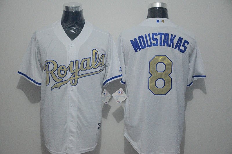 MLB Royals 8 Mike Moustakas White 2015 World Series Champions Gold Men Jersey