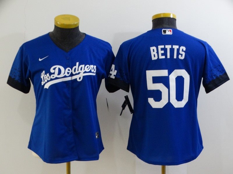 MLB Dodgers 50 Mookie Betts Royal 2021 City Connect Cool Base Women Jersey