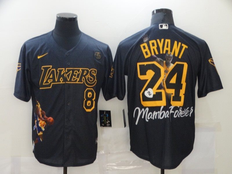 MLB Lakers Front 8 Back 24 Kobe Bryant Black With KB Patch Cool Base Men Jersey