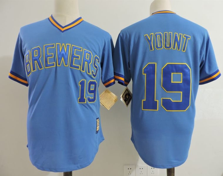 MLB Brewers 19 Robin Yount Blue Cooperstown Collection Men Jersey