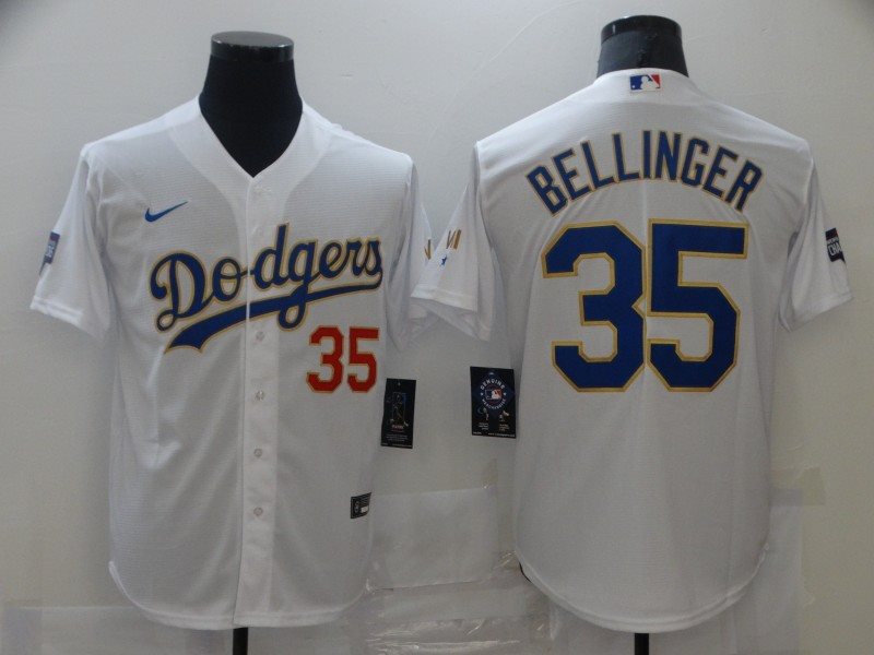 MLB LA Dodgers 35 Cody Bellinger White Gold Champion Cool Base Men Jersey