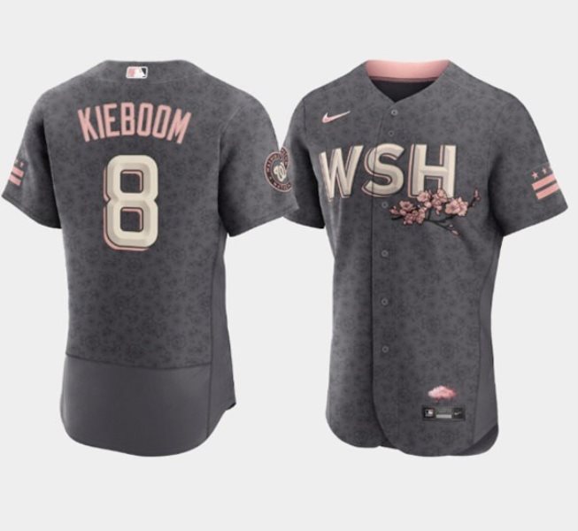 MLB Nationals 8 Carter Kieboom 2022 Gray City Connect Cherry Blossom Nike Flexbase Men Jersey