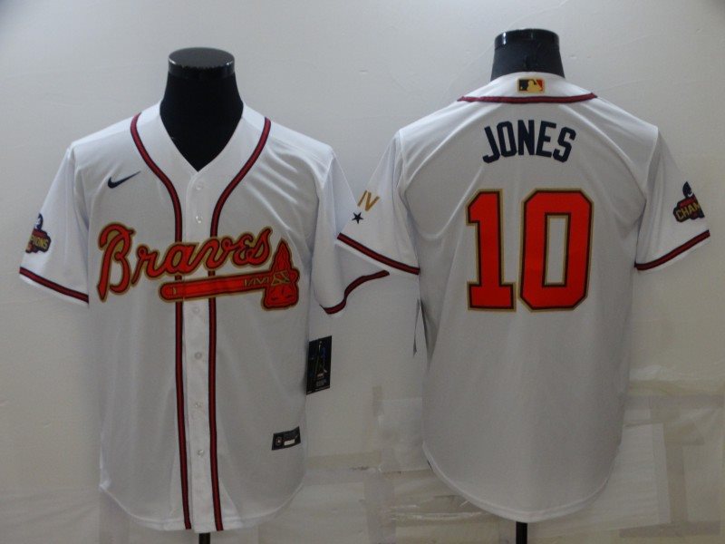 MLB Braves 10 Chipper Jones 2022 White Gold Nike Cool Base Men Jersey