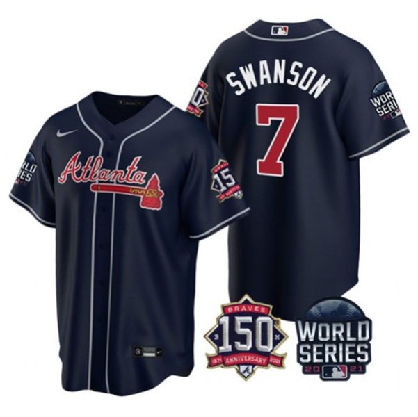 MLB Braves 7 Dansby Swanson Navy 2021 World Series With 150th Anniversary Patch Cool Base Men Jersey