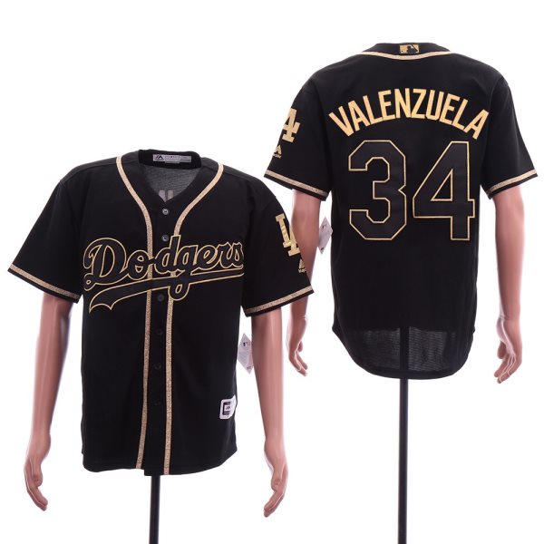 MLB Dodgers 34 Fernando Valenzuela Black Gold Cool Base Men Jersey