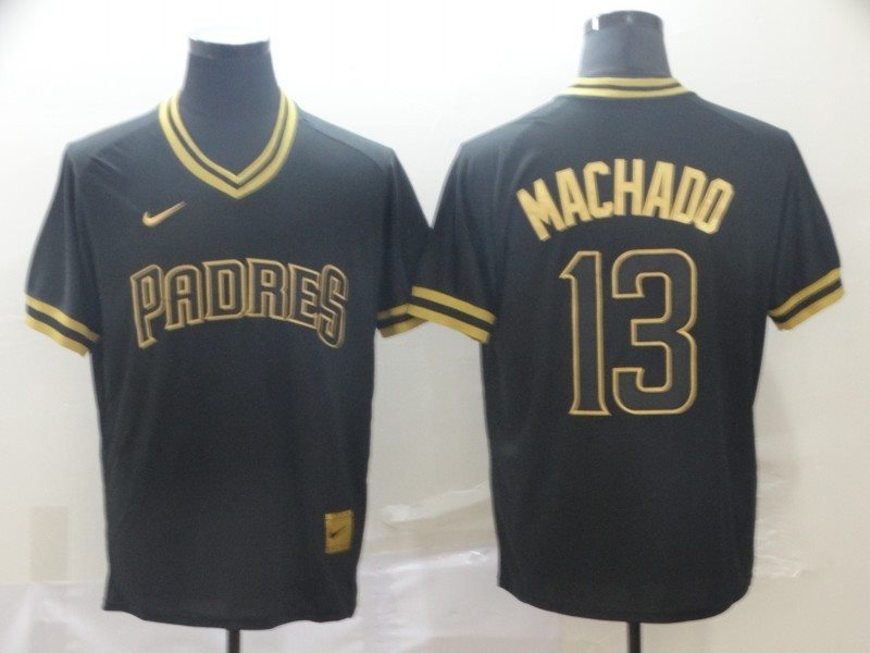 MLB Padres 13 Manny Machado Black Gold Nike Cooperstown Legend V Neck Men Jersey