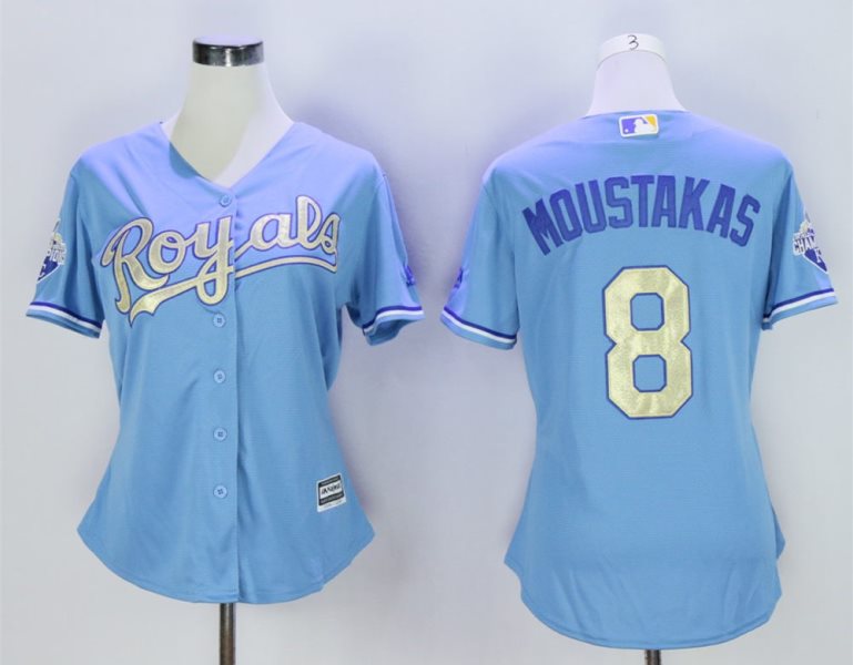 MLB Royals 8 Mike Moustakas Light Blue 2015 World Series Champions New Cool Base Women Jersey