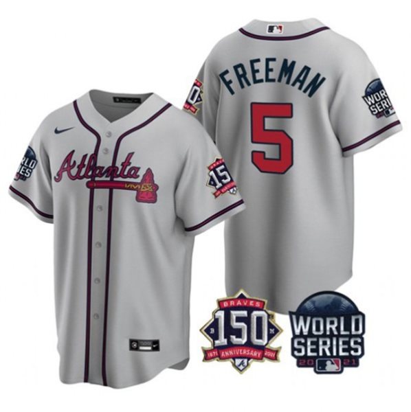 MLB Braves 5 Freddie Freeman Grey 2021 World Series With 150th Anniversary Patch Cool Base Men Jersey