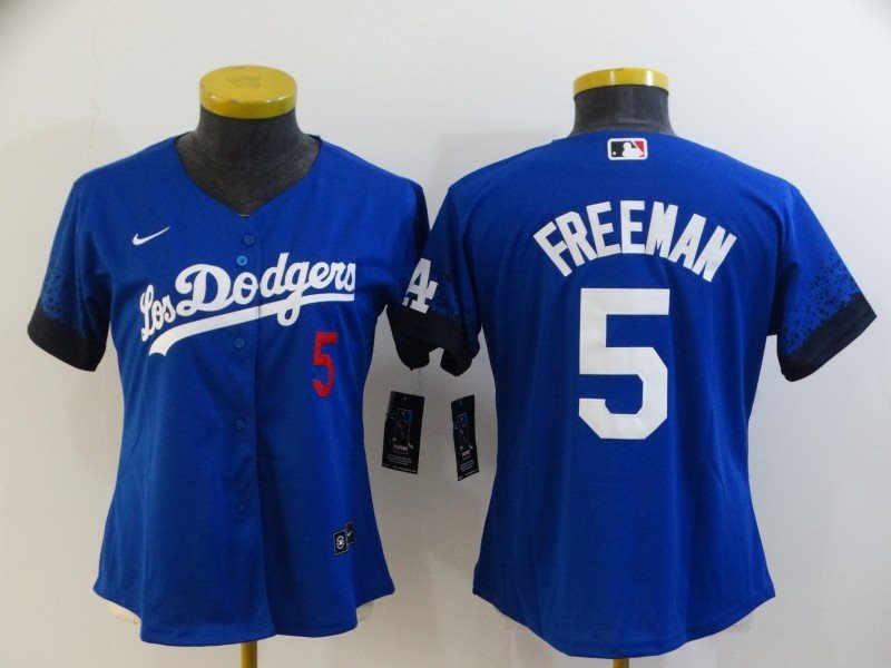 MLB Dodgers 5 Freddie Freeman Royal 2021 City Connect Cool Base Women Jersey