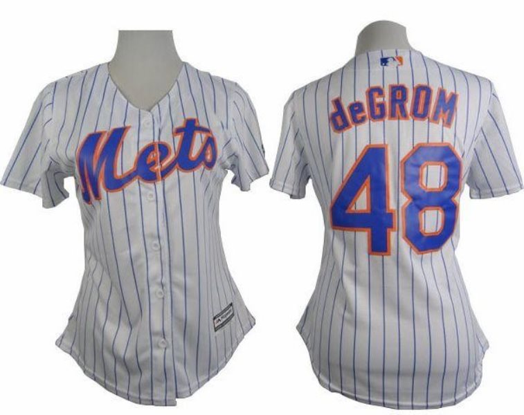 MLB Mets 48 Jacob deGrom White with Blue Strip Home Women Jersey