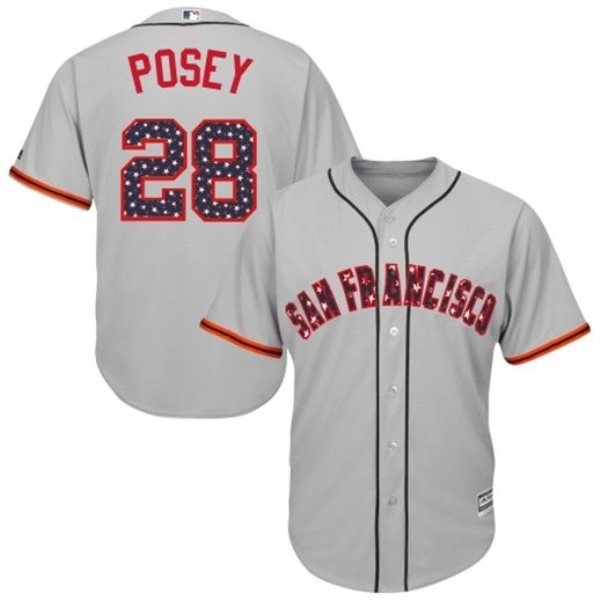 MLB Giants 28 Buster Posey Gray Stars and Stripes 4th of July Cool Base Men Jersey