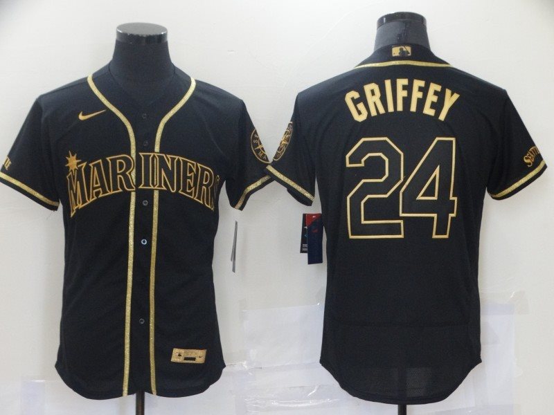 MLB Mariners 24 Ken Griffey Black Gold Flexbase Men Jersey
