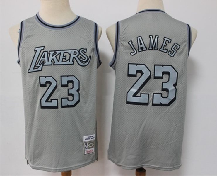 NBA Lakers 23 LeBron James Gray Throwback Men Jersey