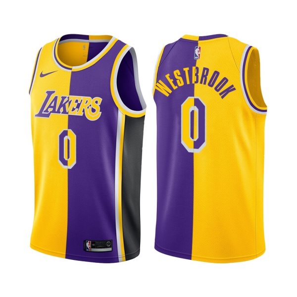 NBA Lakers 0 Russell Westbrook Gold Purple Split Men Jersey