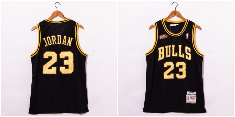 NBA Bulls 23 Michael Jordan Black Gold Nike Men Jersey
