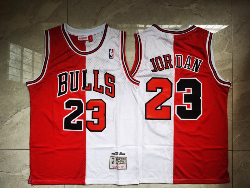 NBA Bulls 23 Michael Jordan Split White Red 1996-97 Hardwood Classics Mesh Men Jersey